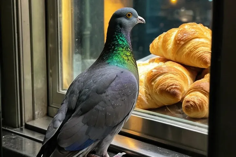 Pip the pigeon on a rainy window ledge, looking in at a pile of fresh croissants